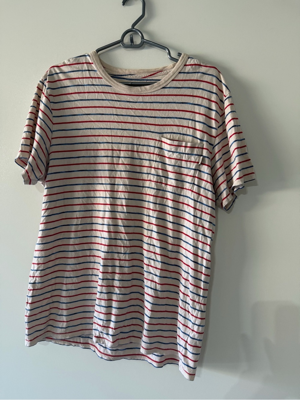 Vans Cream Short Sleeve Tee with Red & Blue Stripes